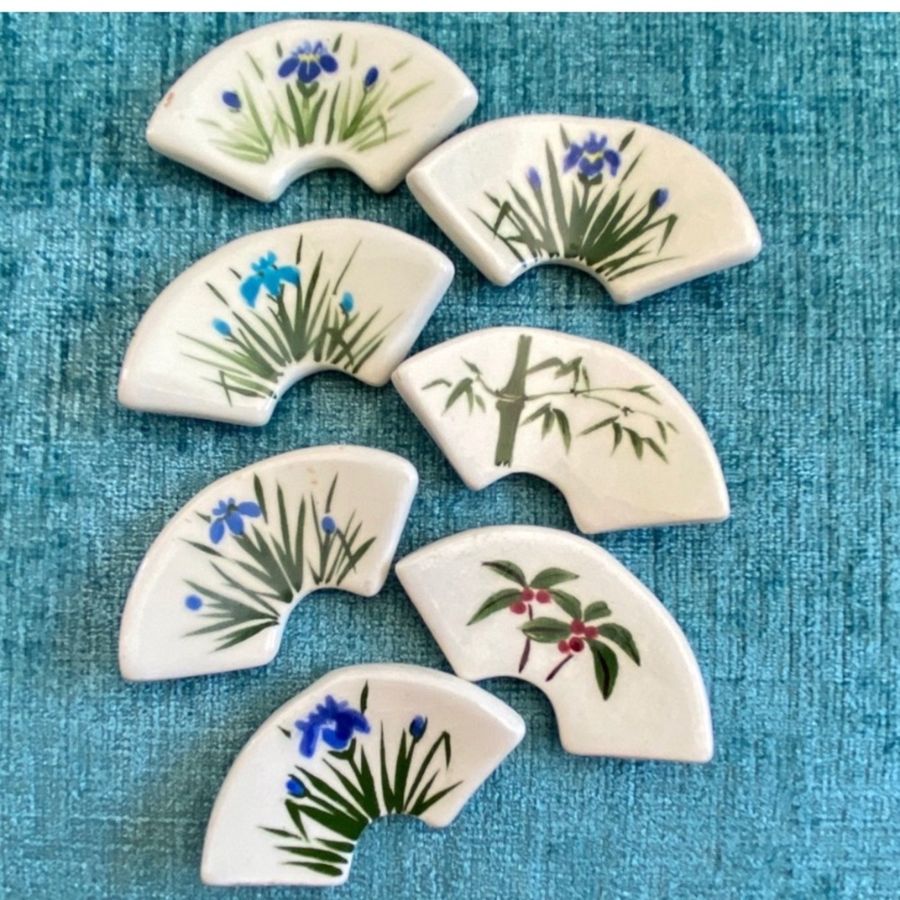 Vintage Set 7 Japanese Ceramic Chopstick Rests Irises Bamboo Berries